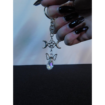 Triple Moon Pentacle Crystal Angel Keychain Pagan Wiccan Goddess Charm Spiritual