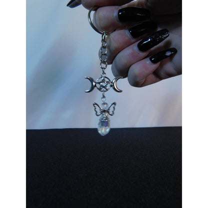 Triple Moon Pentacle Crystal Angel Keychain Pagan Wiccan Goddess Charm Spiritual