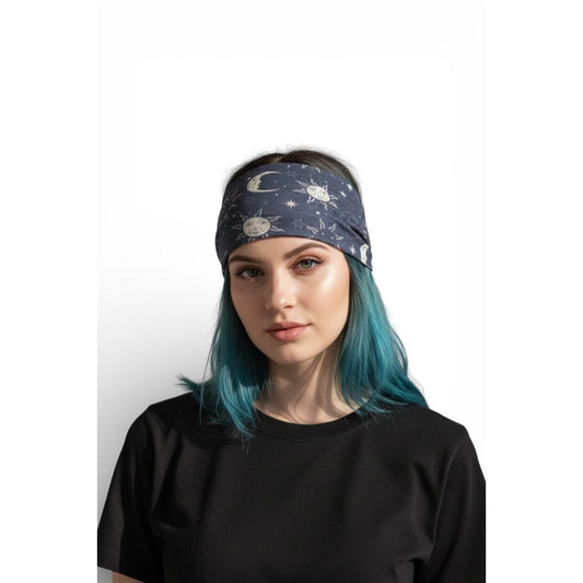 Celestial Print Stretch Wide Headband With Moon And Sun Design