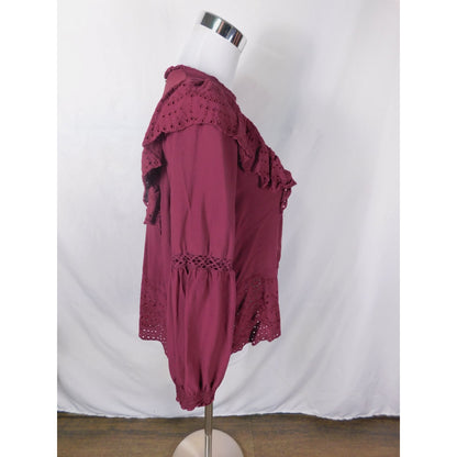 Knox Rose Boho Eyelet Blouse M Burgundy Ruffle Witchcore Top