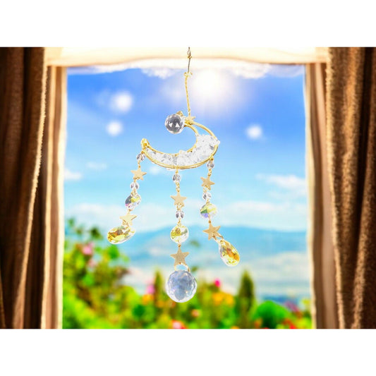 Crystal Crescent Moon Sun Catcher Hanging Ornament 13.4" x 2.75"