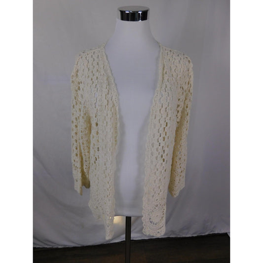 Boho White Crochet Lace Cardigan M - Open Front Scalloped - Excellent
