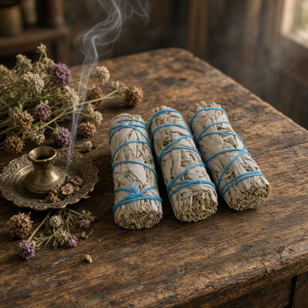 Three California white sage smudge sticks tied with blue string next to a smoking incense burner on a wooden table