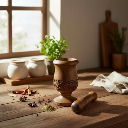 Hand-Carved Wooden Mortar & Pestle 5"H × 3"D - Plain Ritual Grinder - New