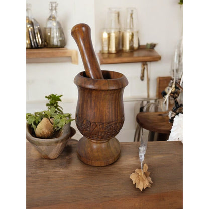 Hand-Carved Wooden Mortar & Pestle 5"H × 3"D - Plain Ritual Grinder - New