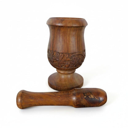 Hand-Carved Wooden Mortar & Pestle 5"H × 3"D - Plain Ritual Grinder - New
