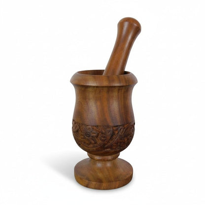 Hand-Carved Wooden Mortar & Pestle 5"H × 3"D - Plain Ritual Grinder - New