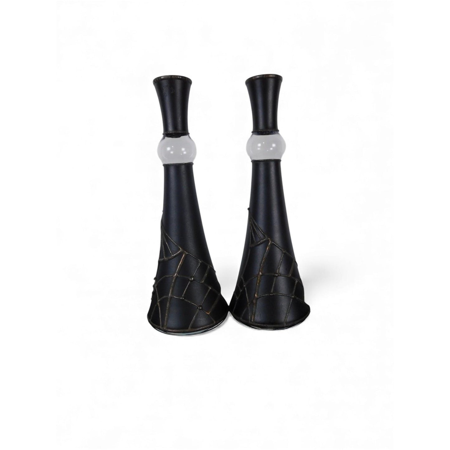 Pair Black Metal Taper Candle Holders White Glass Ball Modern Centerpiece