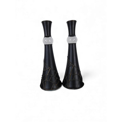 Pair Black Metal Taper Candle Holders White Glass Ball Modern Centerpiece