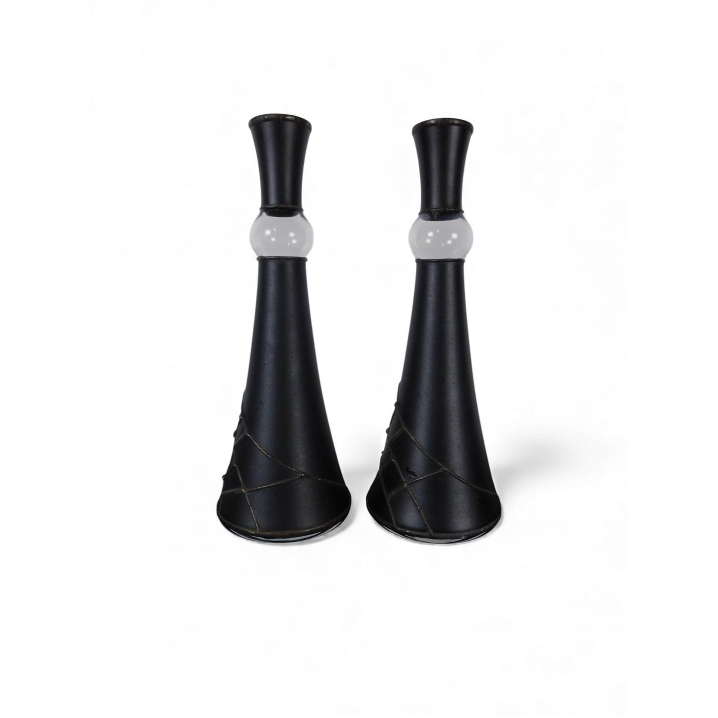 Pair Black Metal Taper Candle Holders White Glass Ball Modern Centerpiece