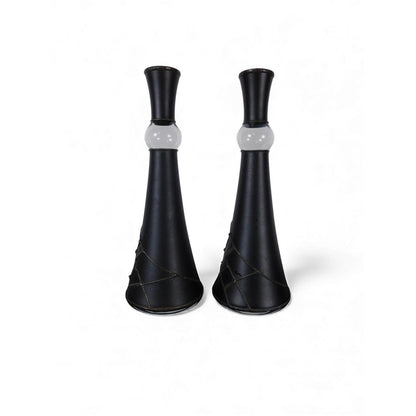 Pair Black Metal Taper Candle Holders White Glass Ball Modern Centerpiece