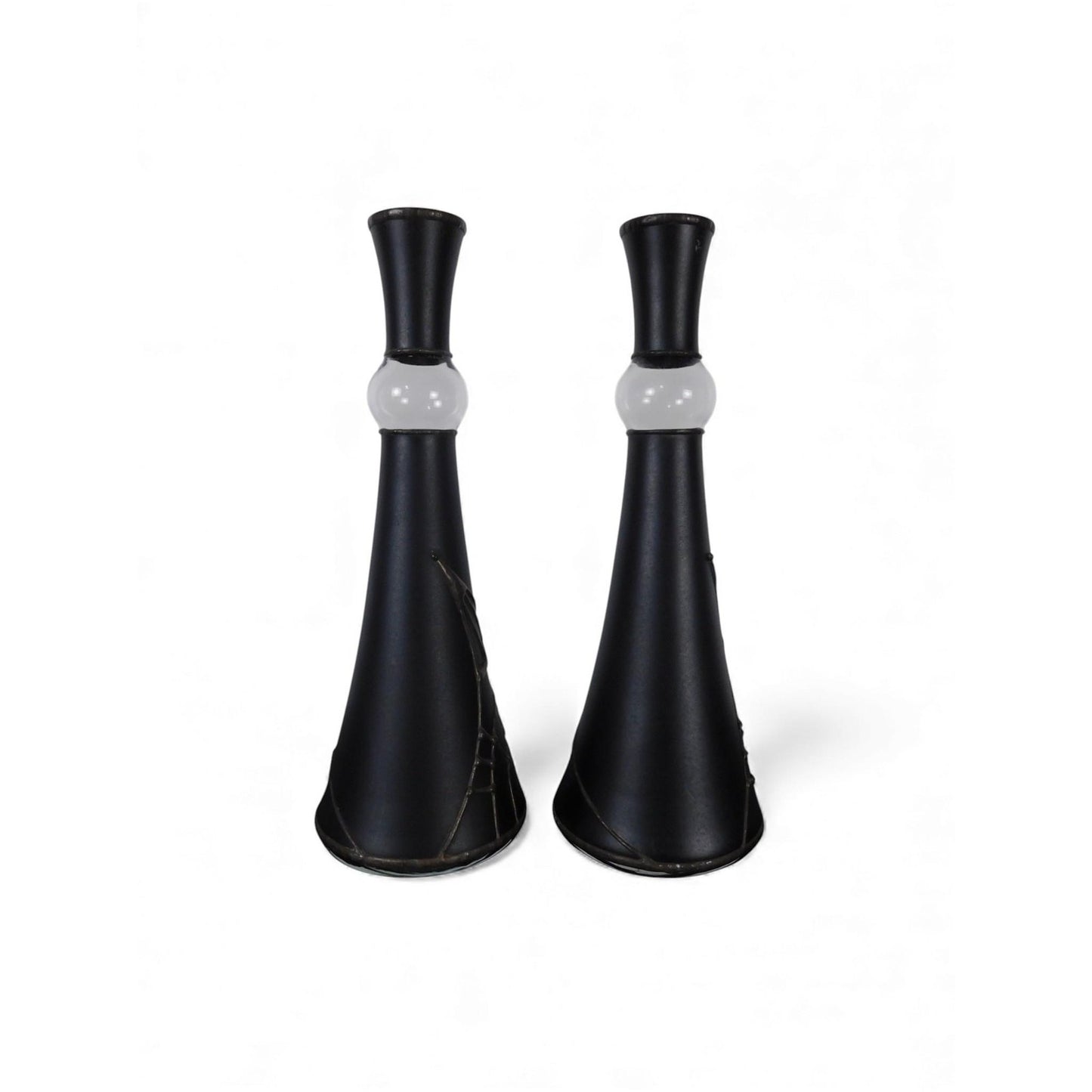 Pair Black Metal Taper Candle Holders White Glass Ball Modern Centerpiece