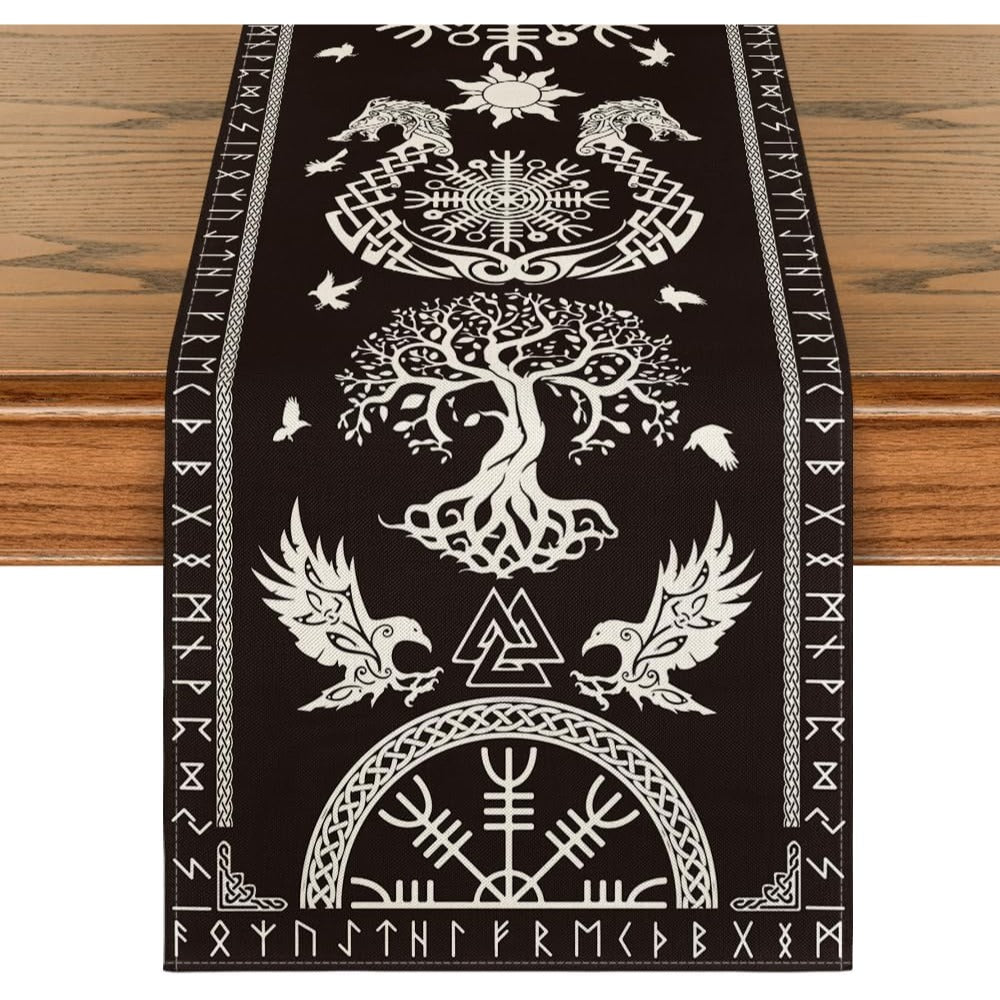 Black Viking Tree Of Life Table Runner 72" - Raven Helm Of Awe Nordic - New