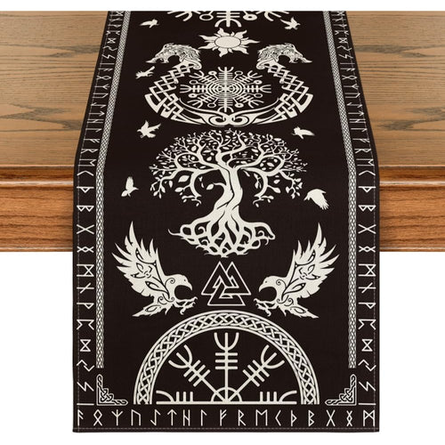 Black Viking Tree of Life table runner with raven and Helm of Awe Nordic symbols