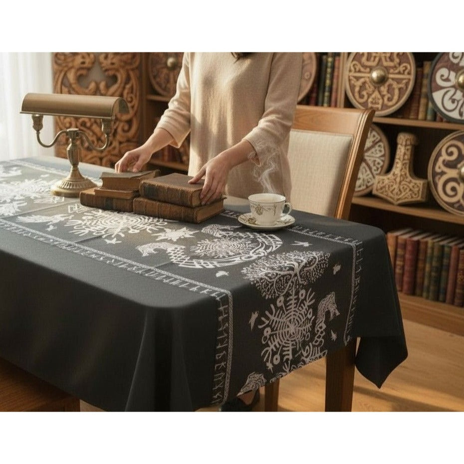 Black Viking Tree Of Life Table Runner 72" - Raven Helm Of Awe Nordic - New