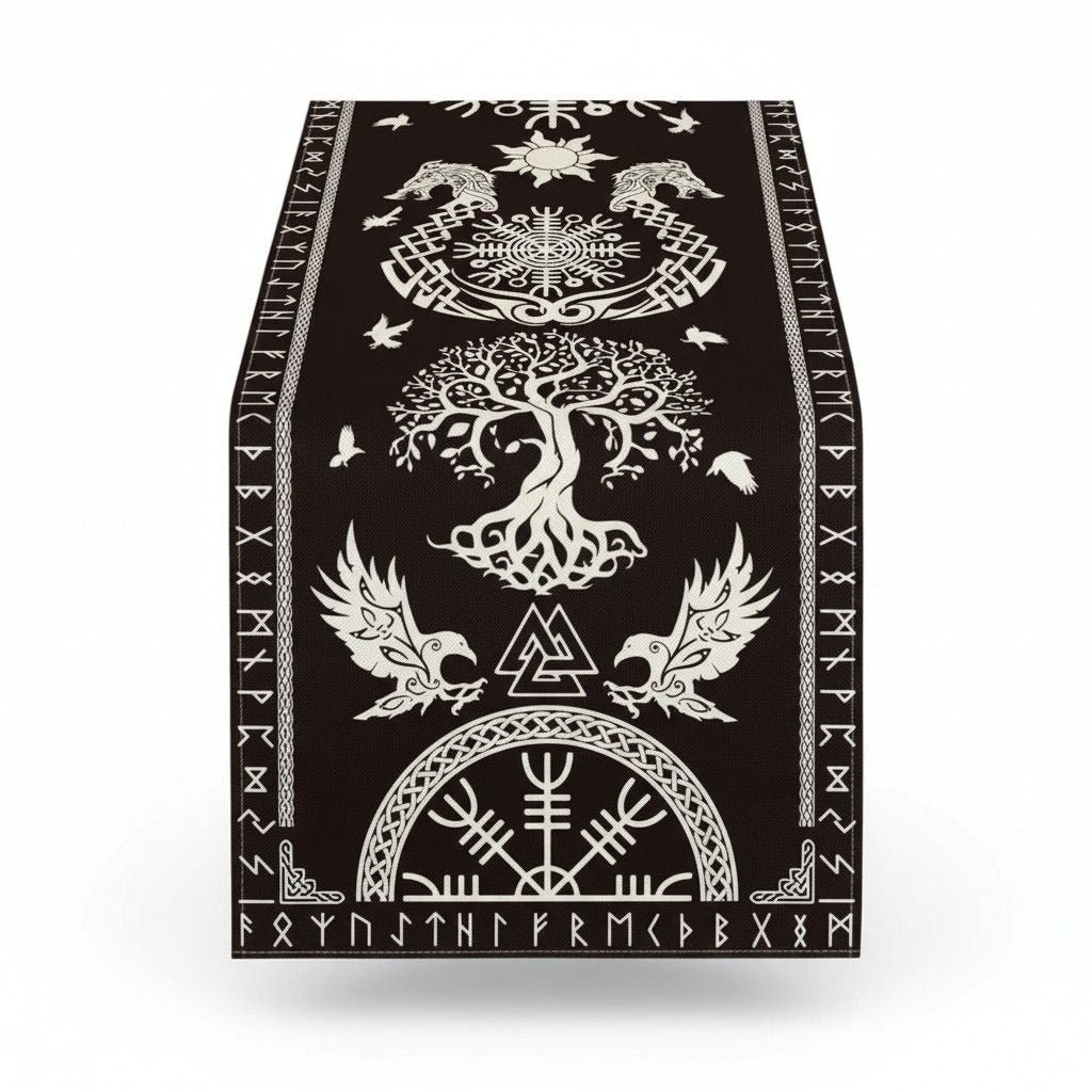 Black Viking Tree Of Life Table Runner 72" - Raven Helm Of Awe Nordic - New