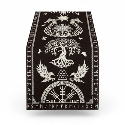 Black Viking Tree Of Life Table Runner 72" - Raven Helm Of Awe Nordic - New