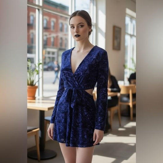 Tobi Dress Womens Small Blue Purple Velvet Burnout Wrap Mini Long Sleeve Cutout