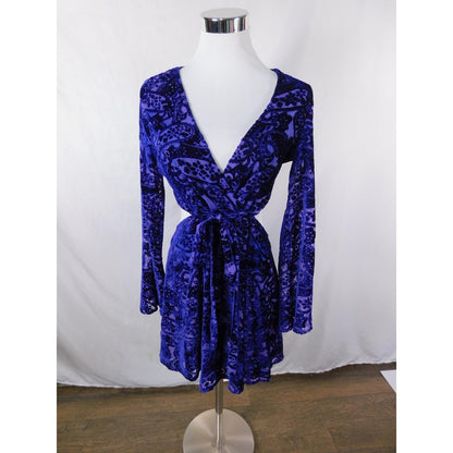 Tobi Dress Womens Small Blue Purple Velvet Burnout Wrap Mini Long Sleeve Cutout