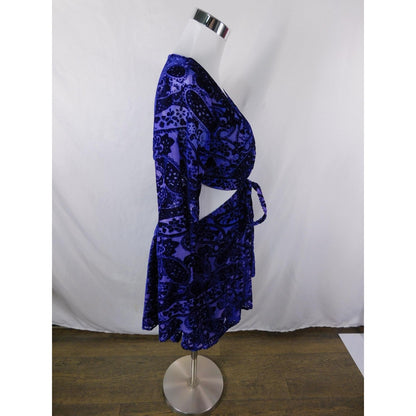 Tobi Dress Womens Small Blue Purple Velvet Burnout Wrap Mini Long Sleeve Cutout