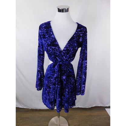 Tobi Dress Womens Small Blue Purple Velvet Burnout Wrap Mini Long Sleeve Cutout