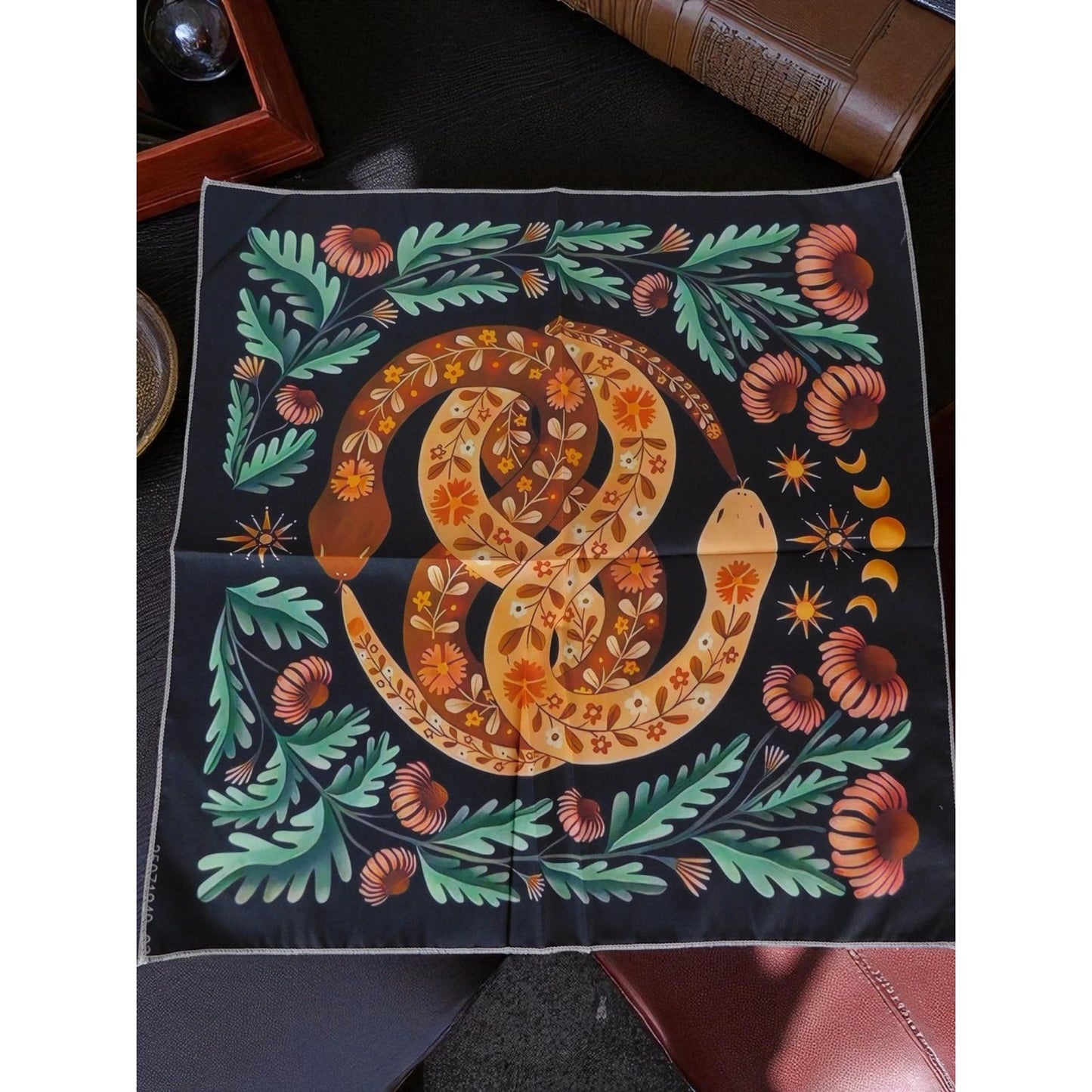 Snake Tarot Altar Cloth 19" Moon Phase Floral Design Spiritual Pagan Wicca Decor