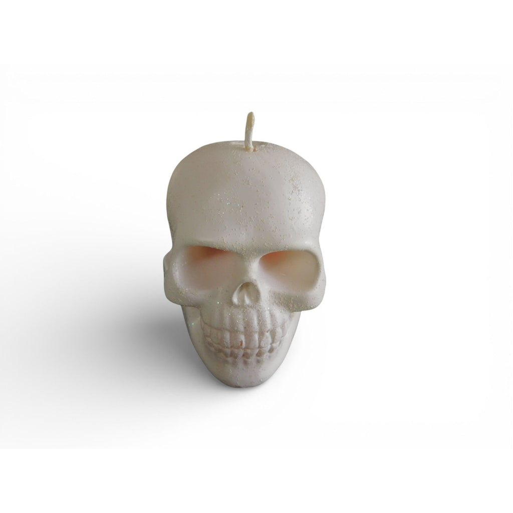 Skull-Shaped White Candle Decorative Halloween Decor Approx. 4 Inches Tall Glittered Finish
