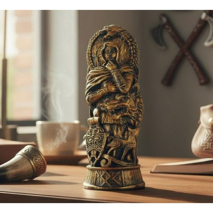 Loki Norse God Statue 8" Golden Bronze - Dragon & Shield - New