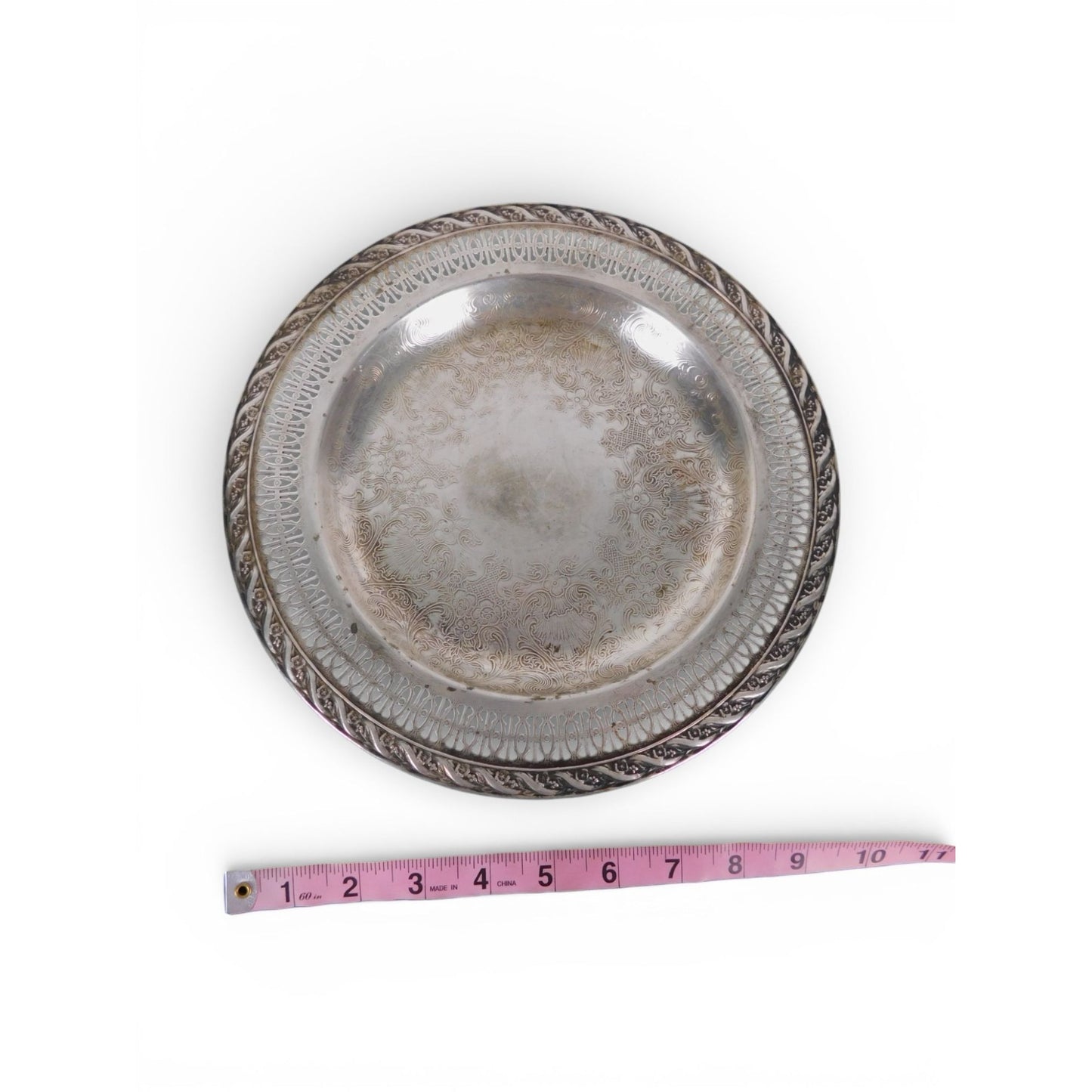 Vintage Silverplate Round Serving Platter Pierced Gallery Rope Edge