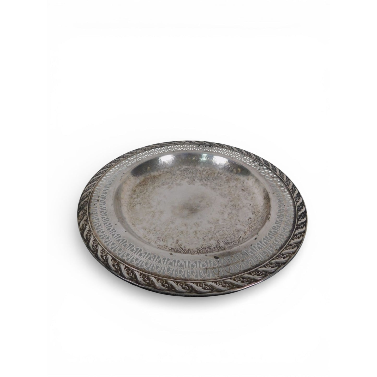 Vintage Silverplate Round Serving Platter Pierced Gallery Rope Edge