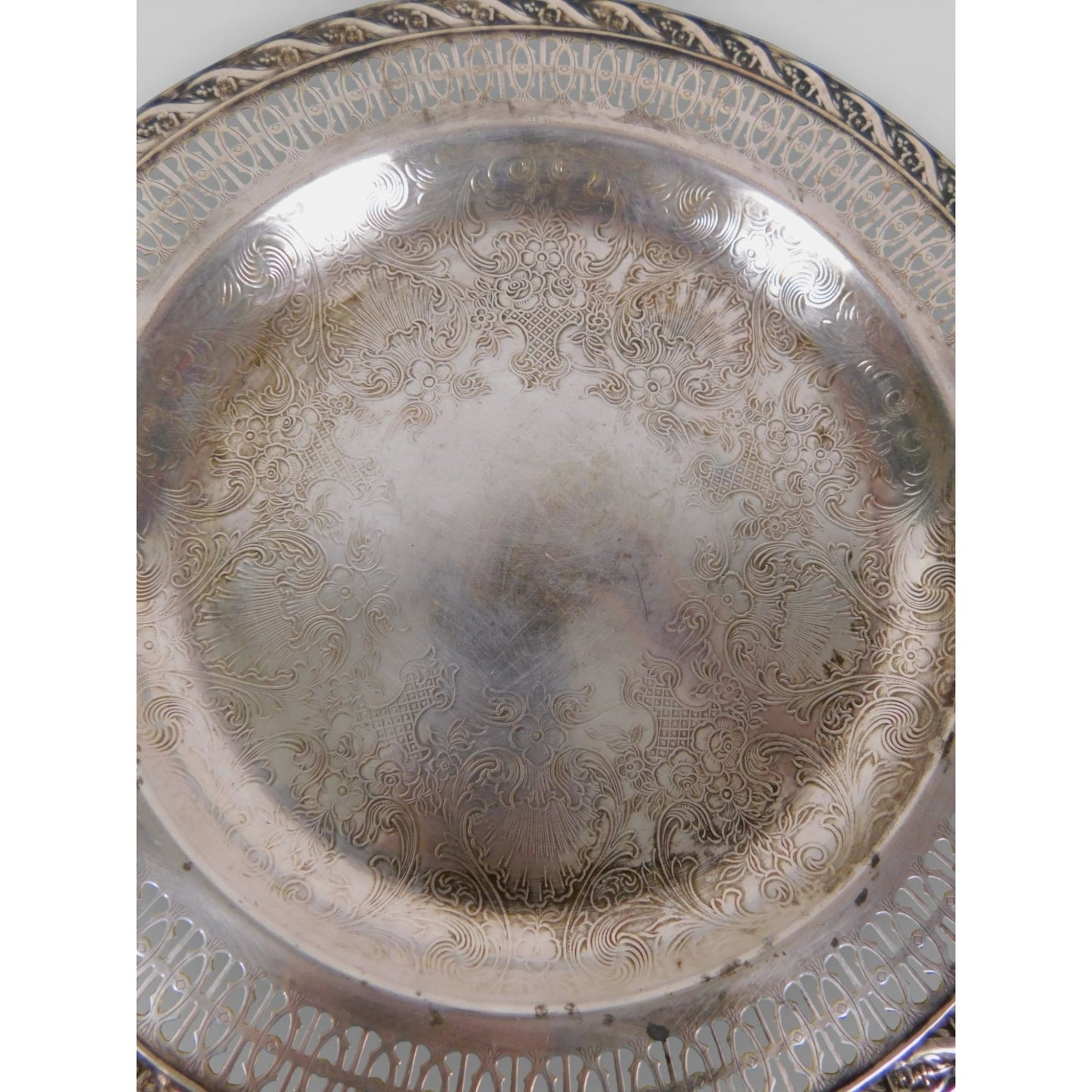 Vintage Silverplate Round Serving Platter Pierced Gallery Rope Edge