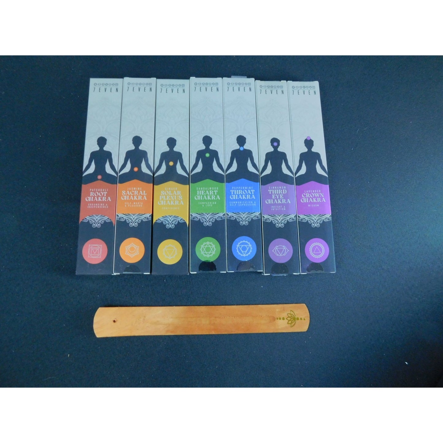Seven Chakra Incense Set – 140 Sticks with Wood Holder – New