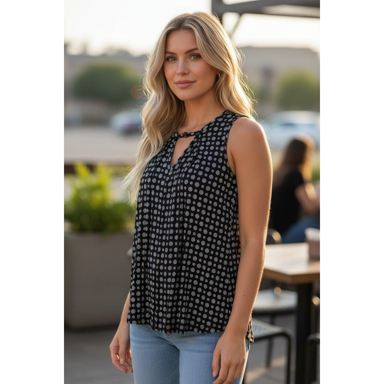 Vintage Havana Black Dot Tank L - Keyhole Boho - Excellent