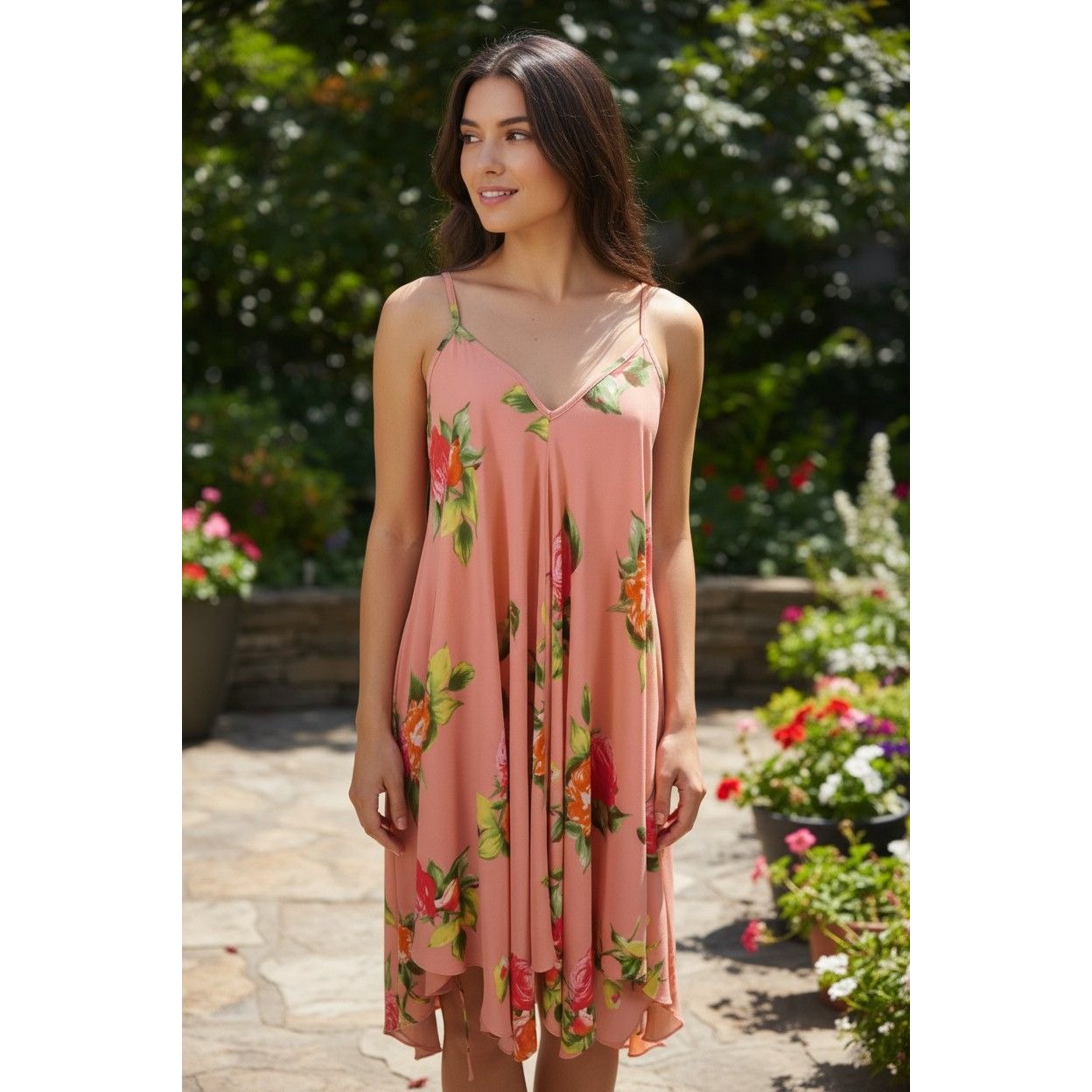 Red Lolly Brand Pink Floral Handkerchief Dress S - USA Made - Excellent