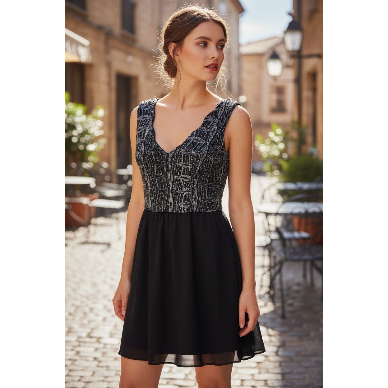 Three Pink Hearts Black Silver Metallic Mini L - Fit Flare - Excellent