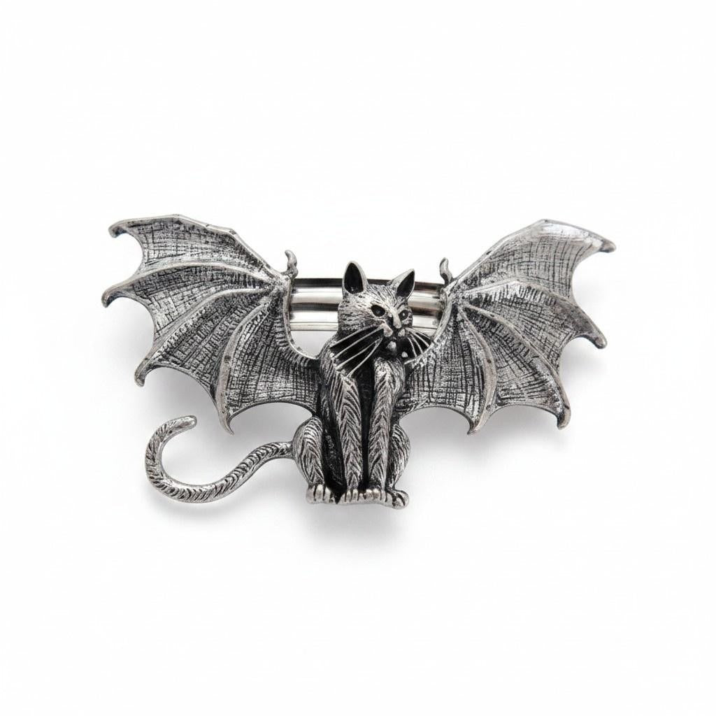 Bat Cat Barrette Womens Silver Metal Gothic Renfaire Hair Clip Accessory