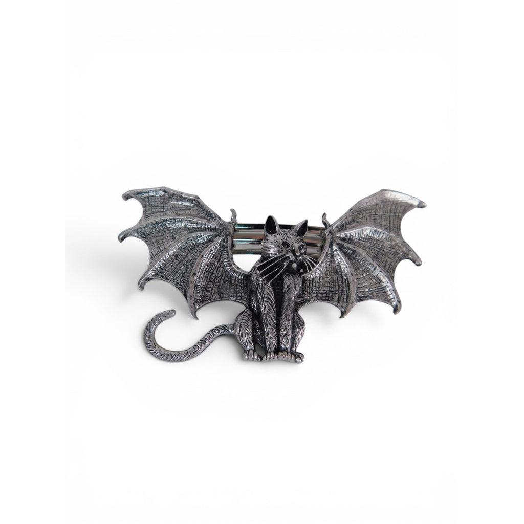 Bat Cat Barrette Womens Silver Metal Gothic Renfaire Hair Clip Accessory