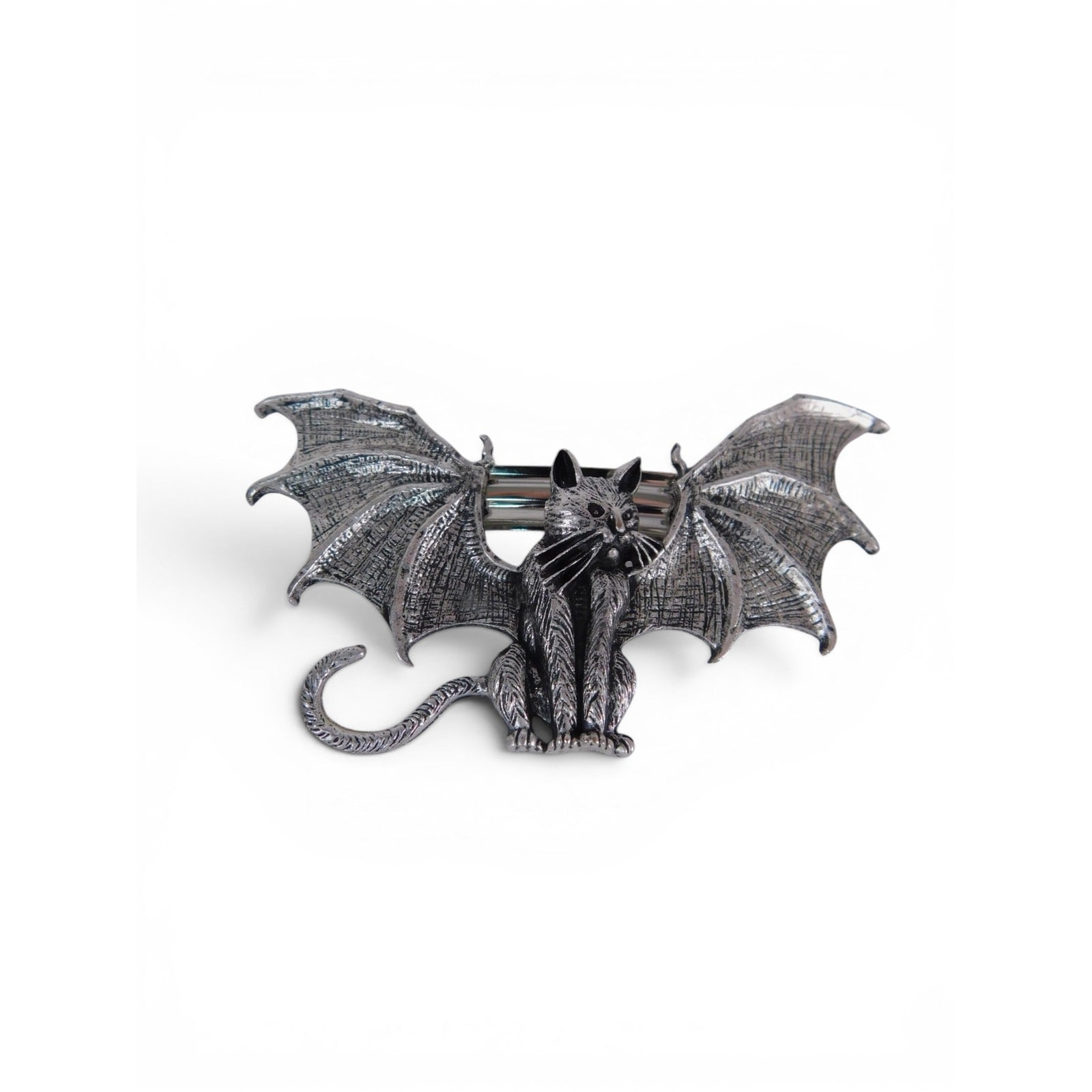 Bat Cat Barrette Womens Silver Metal Gothic Renfaire Hair Clip Accessory