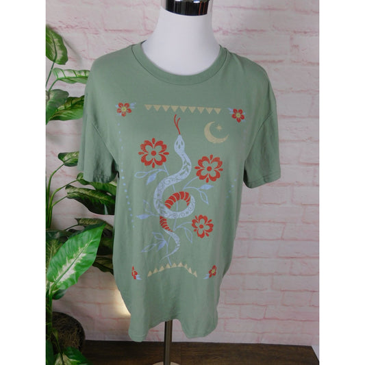 Snake Moon Graphic Tee Green Shirt Womens M Soft