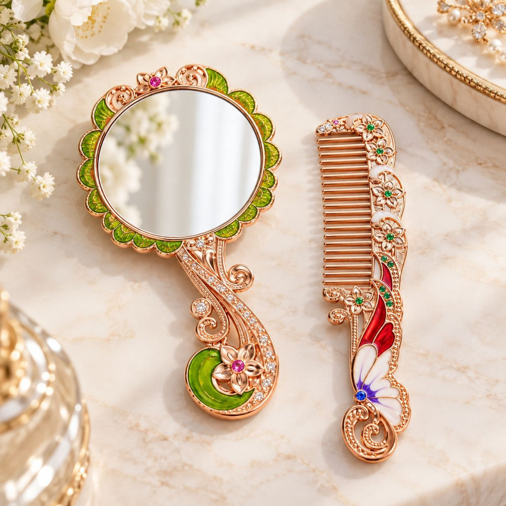 Butterfly and floral hand mirror and comb set in rose gold tone with enamel and crystal accents
