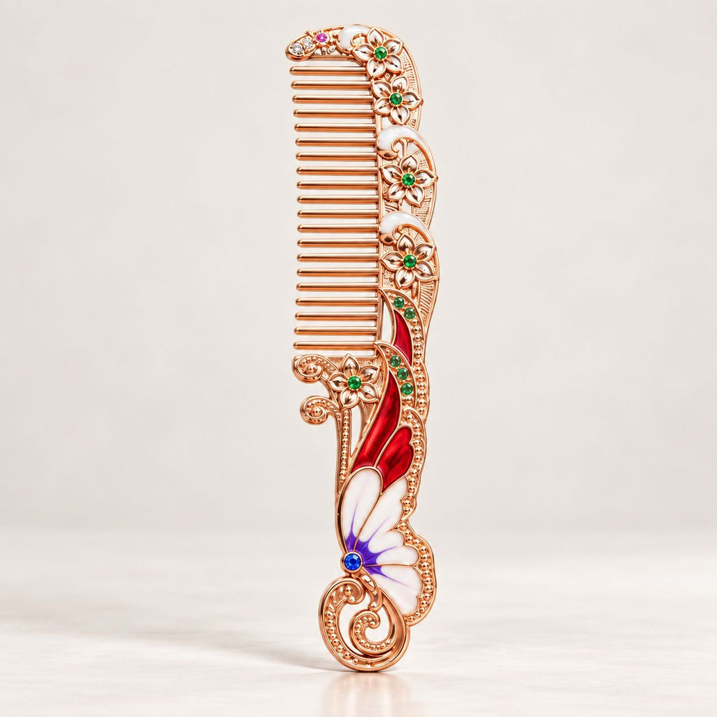 Rose gold tone butterfly and floral hair comb with enamel and gemstone accents