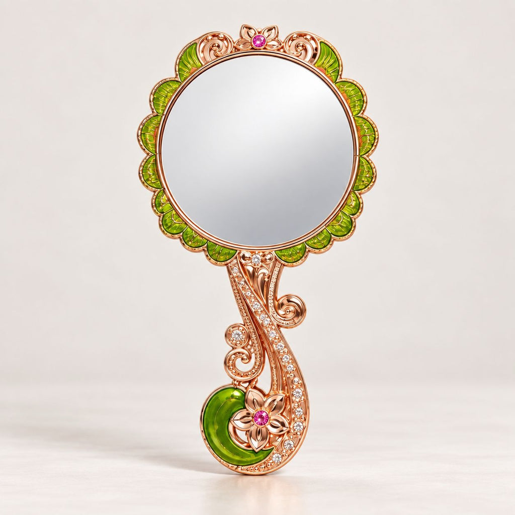 Butterfly and floral hand mirror in rose gold tone with green enamel accents and crystal embellishments