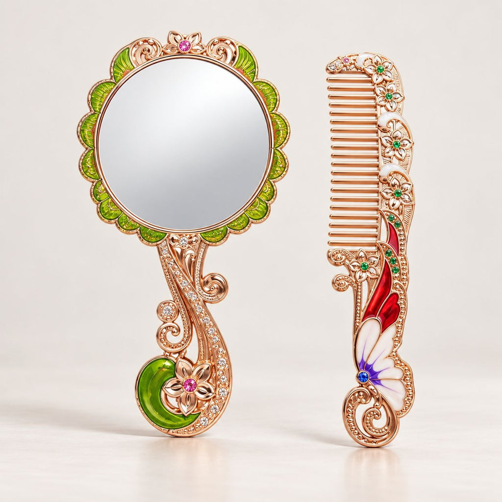 Butterfly and floral hand mirror and comb set in rose gold tone with green and red enamel accents