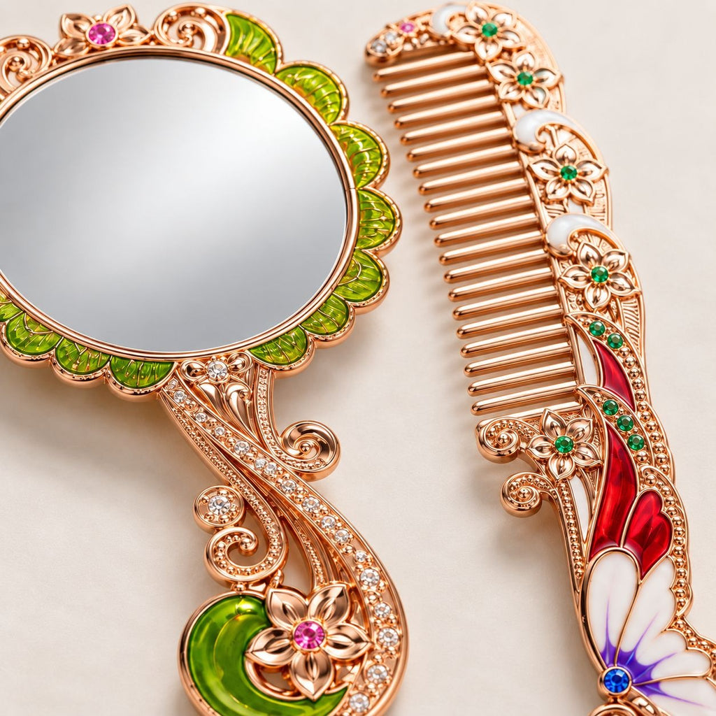Butterfly and floral rose gold tone hand mirror and comb set with colorful enamel and crystal accents