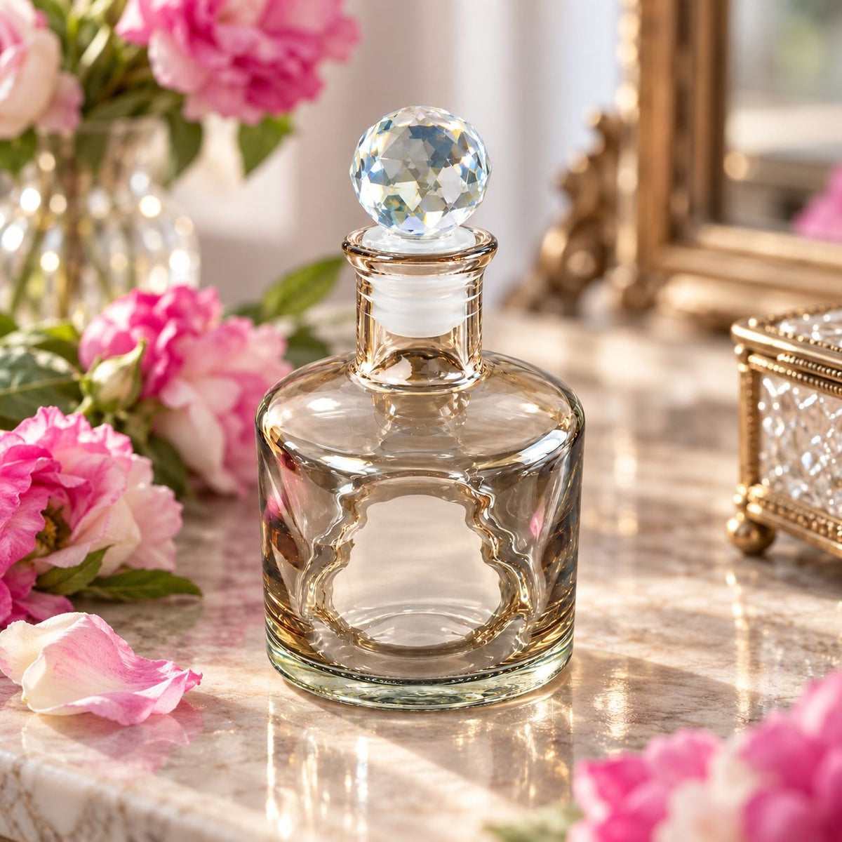 Crystal Stopper Ritual Bottle in clear glass with a faceted spherical topper