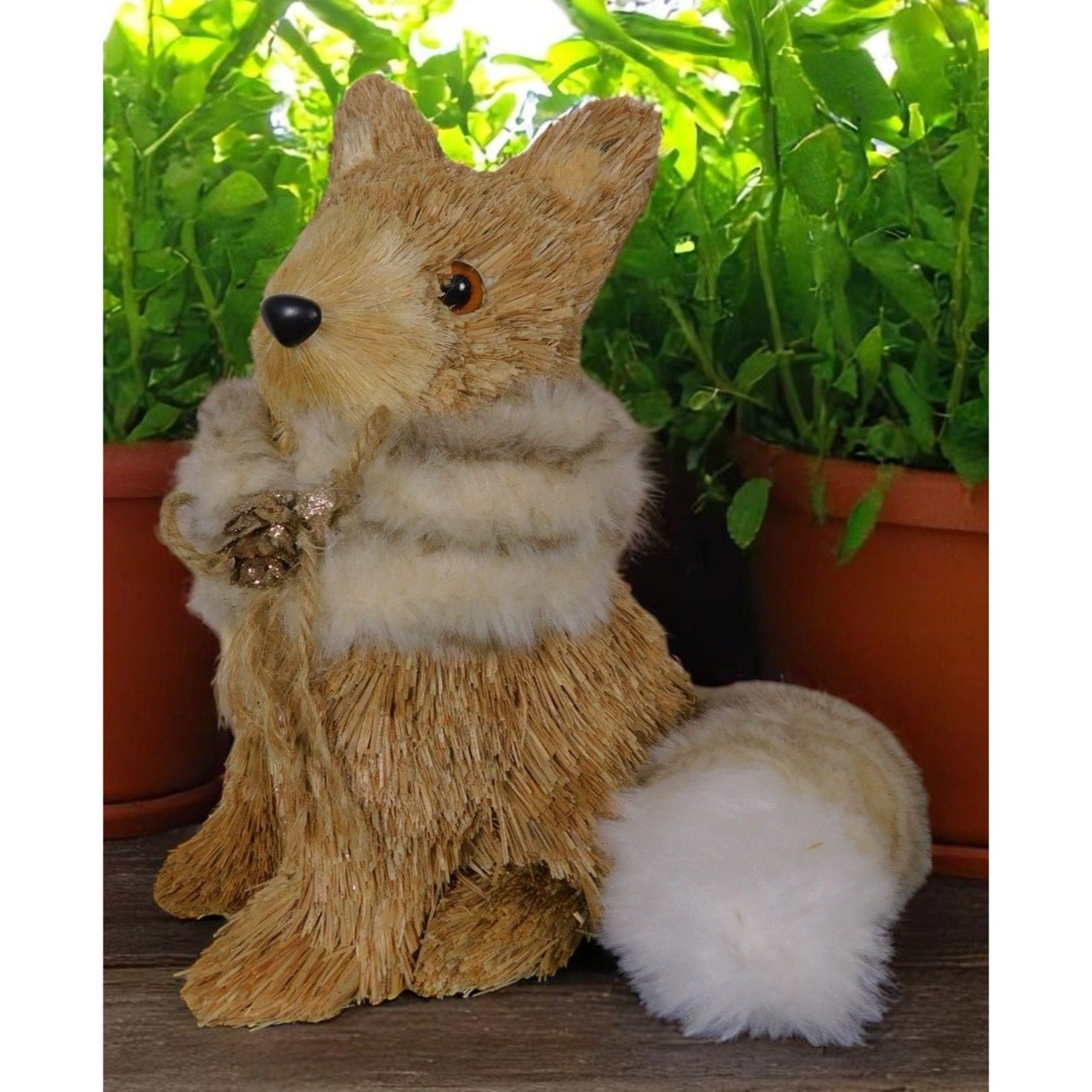 Straw Fox Figurine 9" Rustic Faux Fur - Excellent - Witchcore Earth