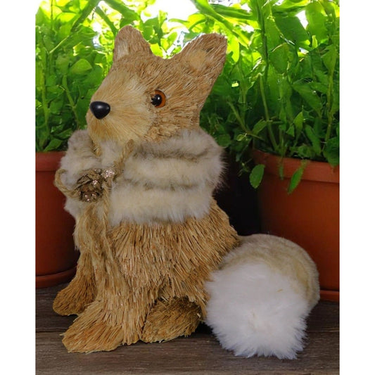 Straw Fox Figurine 9" Rustic Faux Fur - Excellent - Witchcore Earth