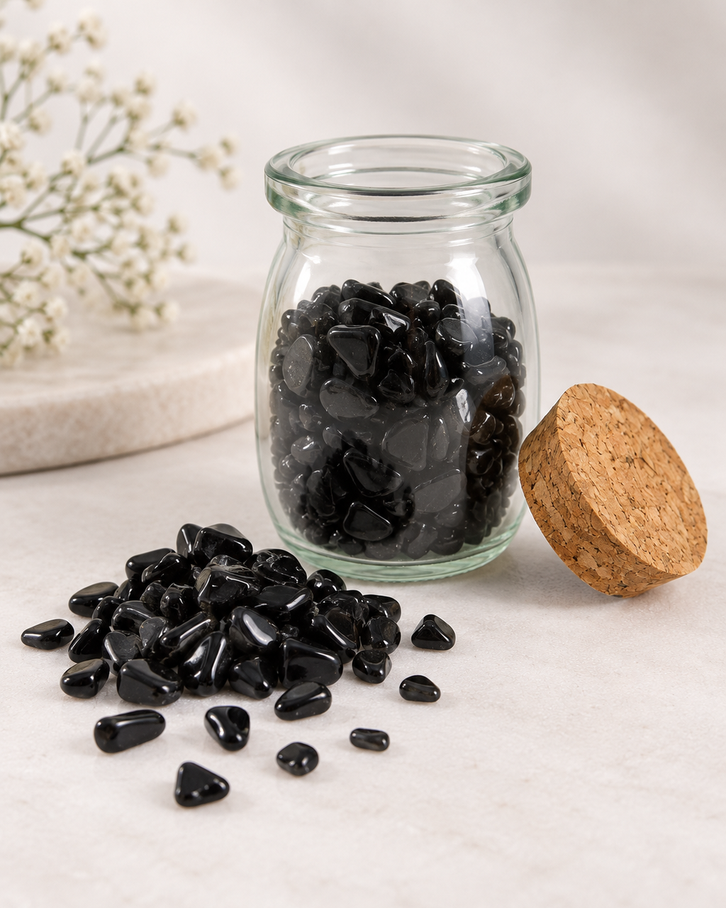 Black Obsidian Crystal Chips, 5 oz Glass Jar