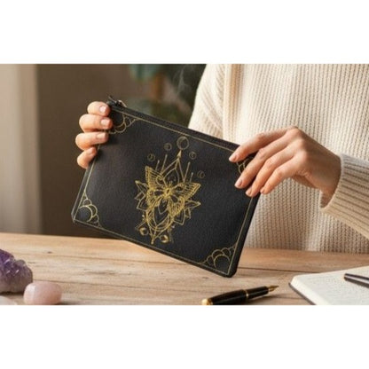 Black Canvas Zipper Pouch With Gold Moth Design