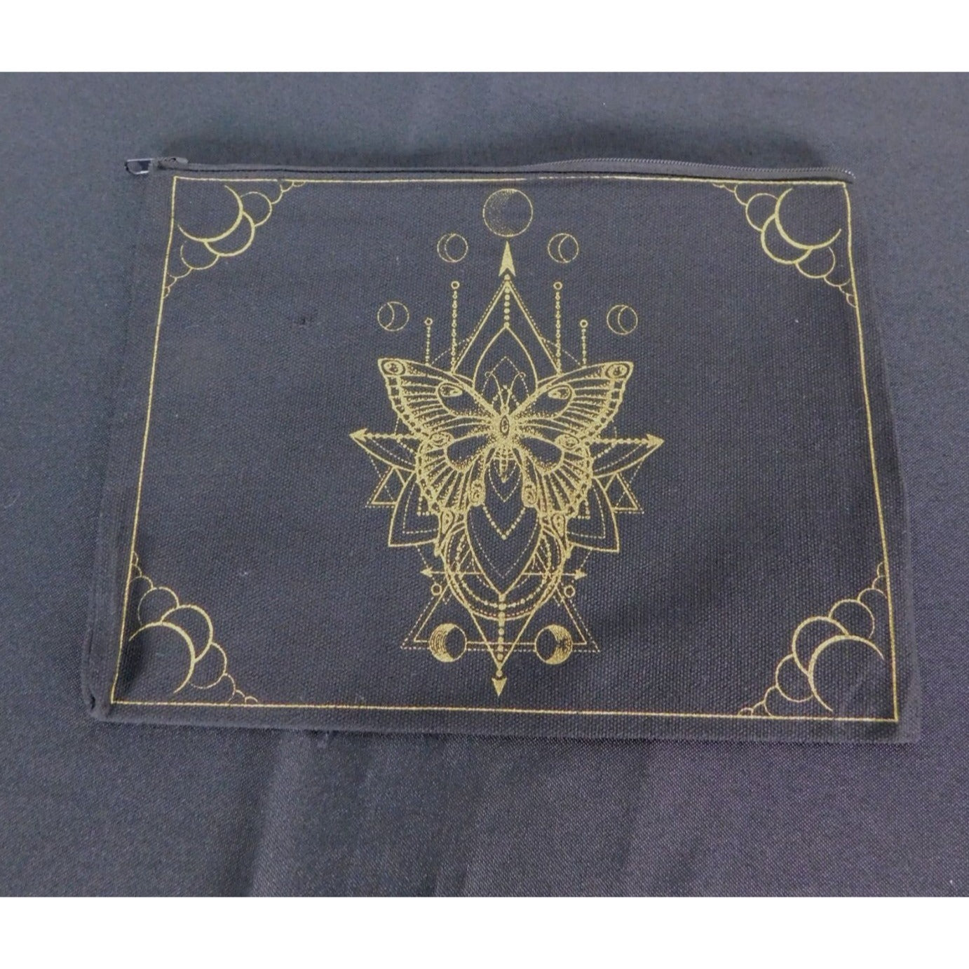 Black Canvas Zipper Pouch With Gold Moth Design
